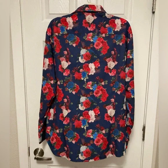 Tallia Navy Floral Button Down Long Sleeve Shirt - Picture 7 of 7